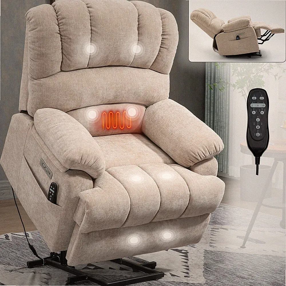 23" High Back Large Beige Chenille Power Lift Recliner 8-Pt Massage Lumbar Heat