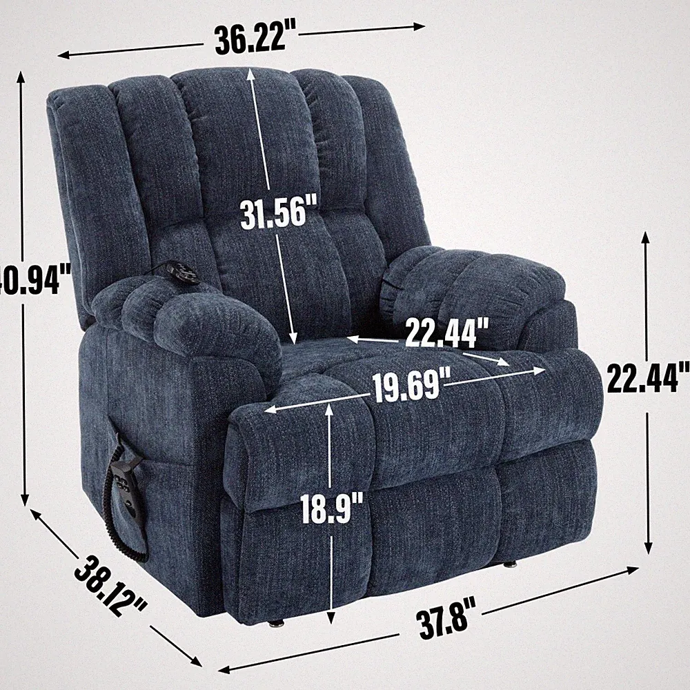 Blue Electric Lift Recliner with Heat Massage Dual Motor 350 LBS Capacity
