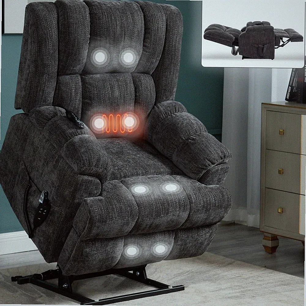 Dual Motor Electric Grey Power Lift Recliner - Heat Massage,350 LBS,Power-Remote