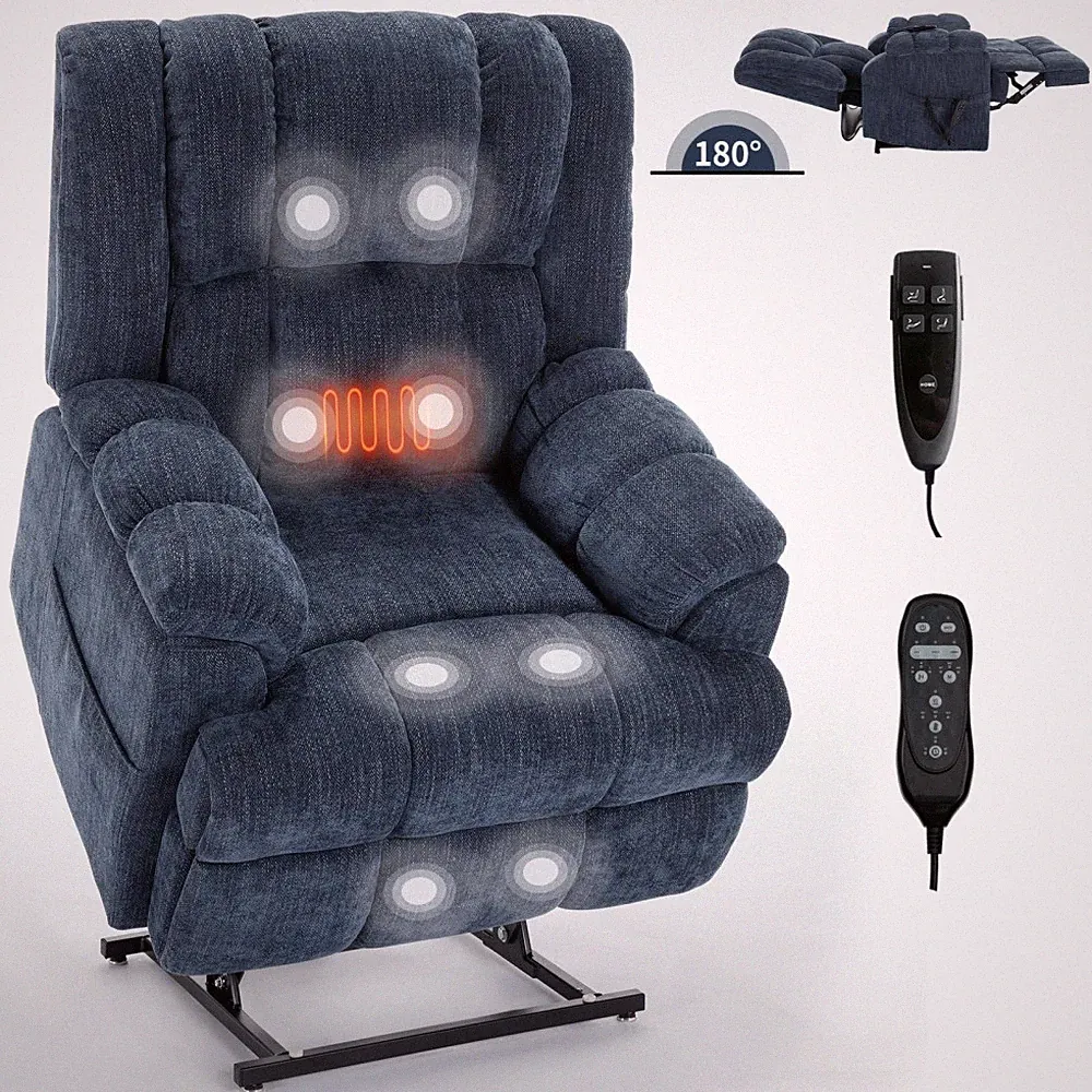 Electric Lift Recliner Blue with Heat Massage 350 LBS Capacity Dual Motor