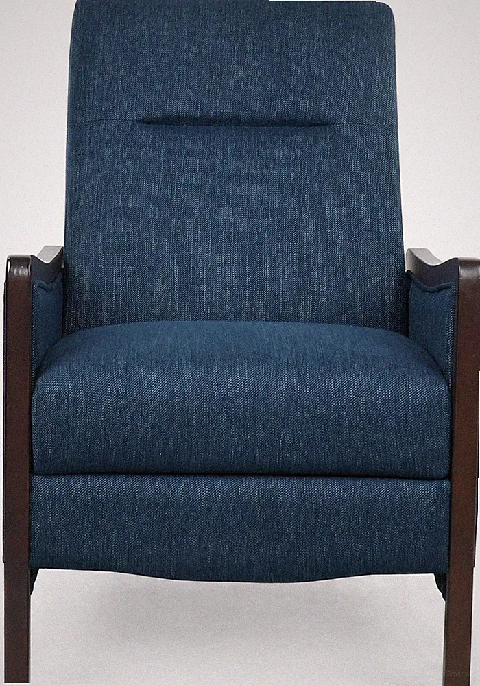 Navy Blue Veatch Pushback Recliner with Dark Walnut Finish
