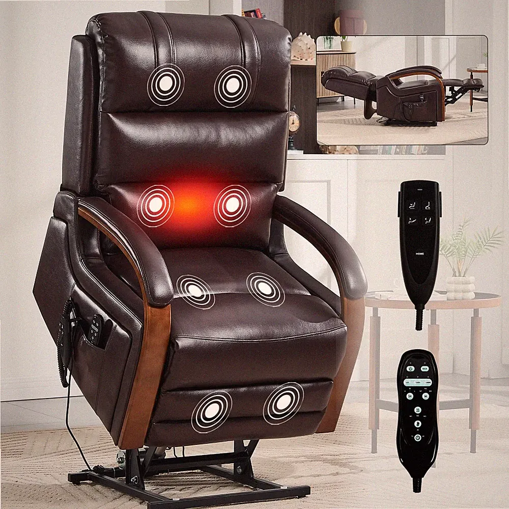 Power Leatheraire Lift Recliner Brown - Dual Motor, 350 LBS, Solid,Heat Massage